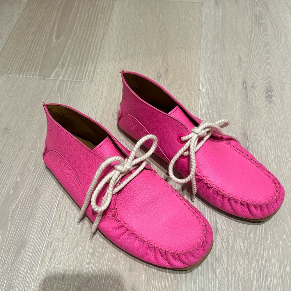 Loewe neon pink leather lace up moccasins